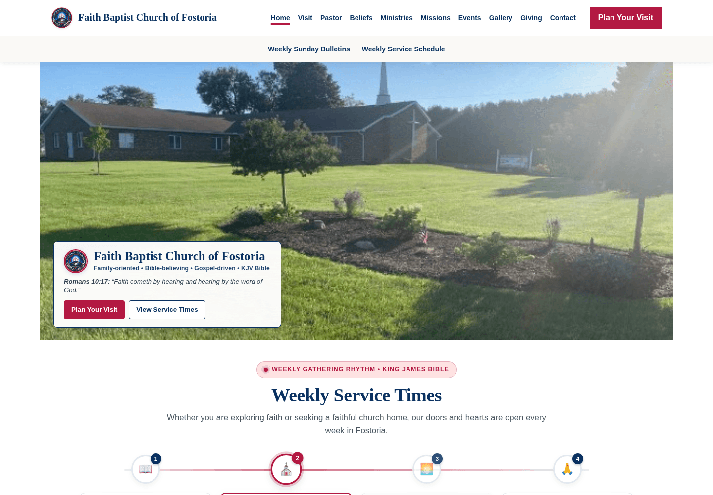 Faith Baptist Church of Fostoria homepage with church photography, visit links, and weekly service times