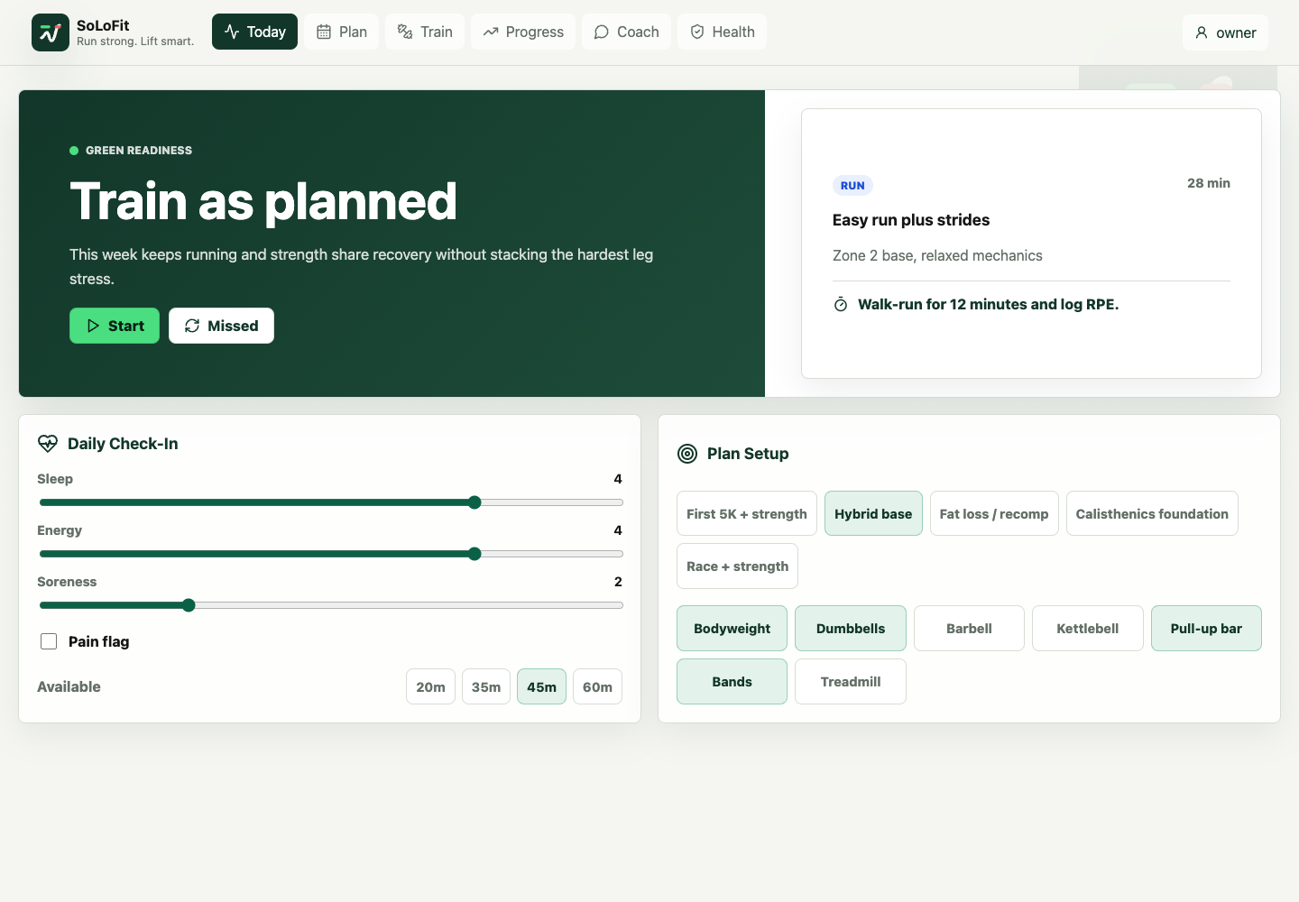 SoLoFit today dashboard screenshot