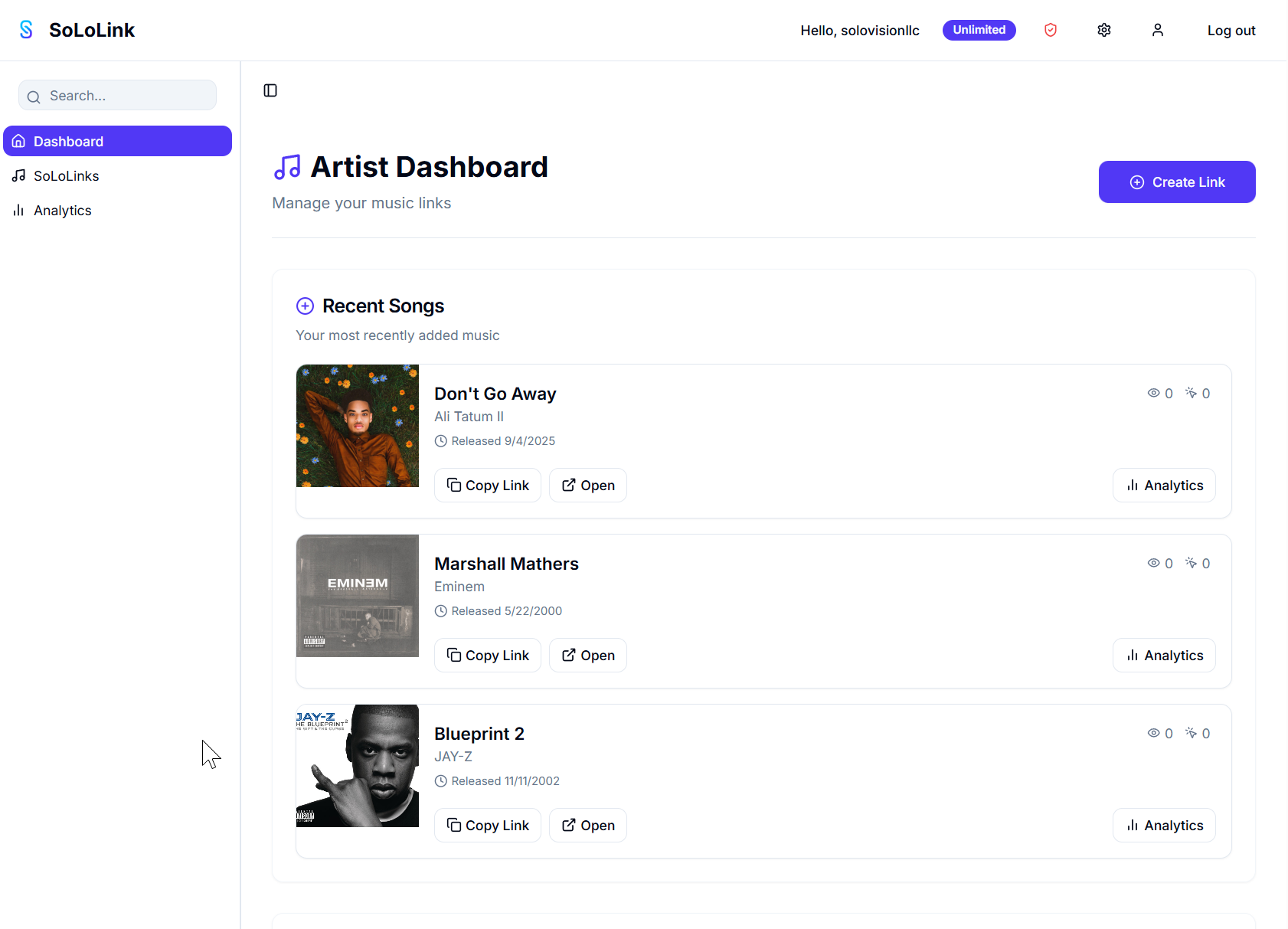 SoLoLink dashboard interface
