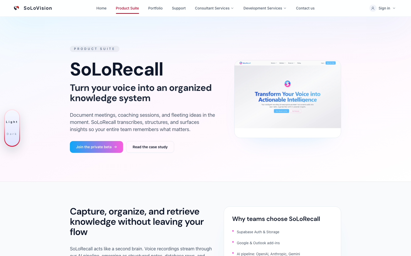 SoLoRecall landing page screenshot